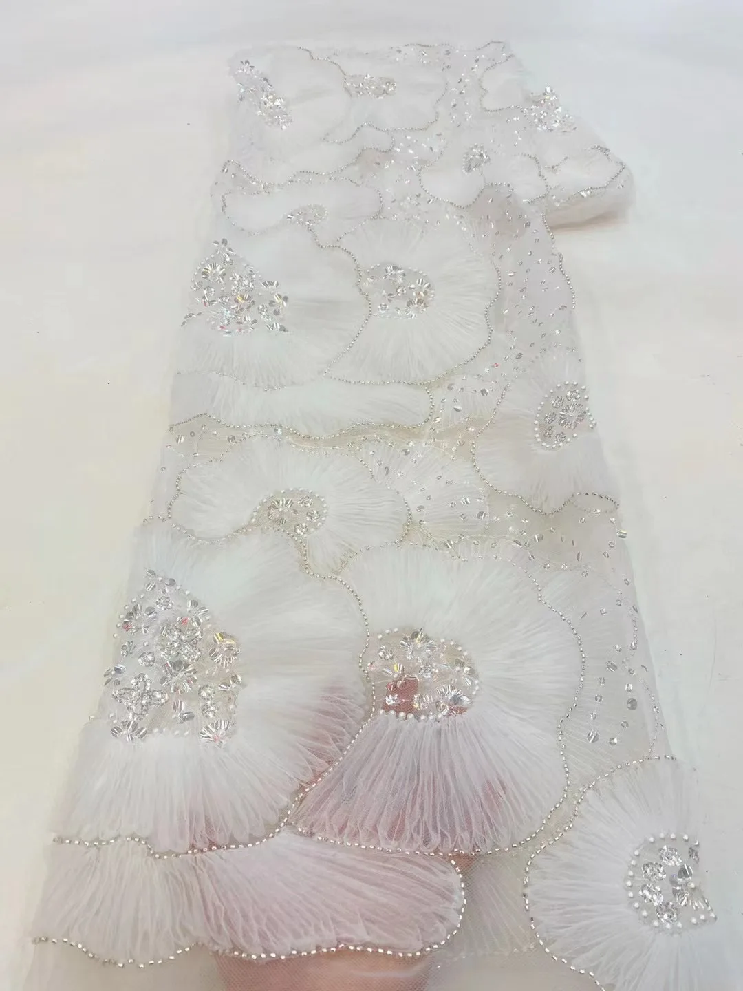 Handmade French Tulle Lace Fabric 2024 High Quality 3D Flower Embroidery African new Beads Lace Fabric 2025 for Women Dresses VXZ5667