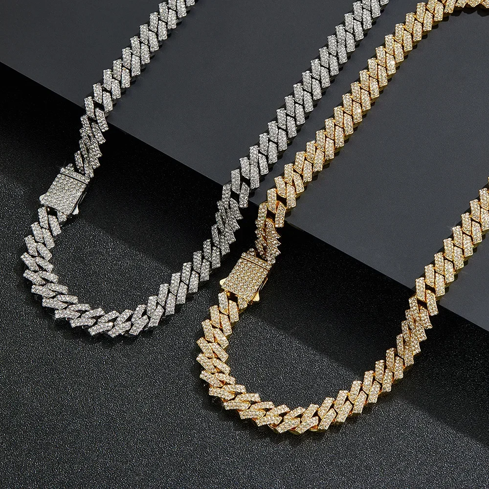 Ice Crystal Rhinestones Strip Spring Buckle Cuban Chain 15mm Hip Hop Men's and Women's Necklace Bracelet Accessory Jewelry