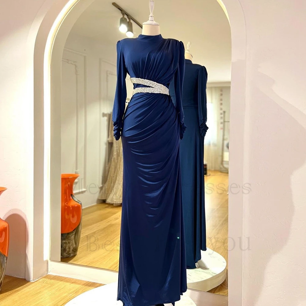 Navy Blue Evening Dresses for Women with Beading 2023 Full Sleeve High Neck Prom Gowns Sheath Vestido De Noche Real Picture New
