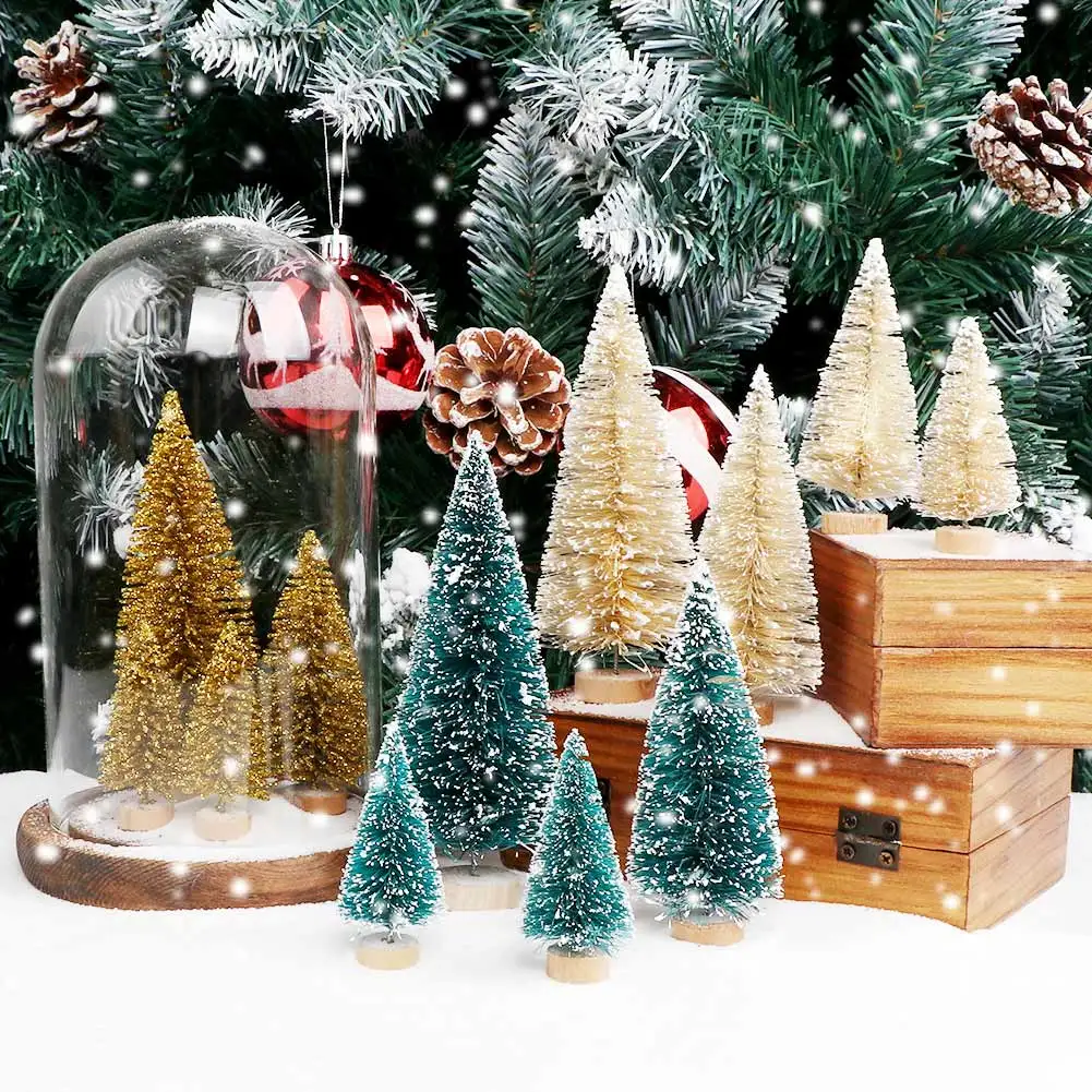 24PCS Artificial Mini Bottle Brush Trees Christmas Village 2025 Trees with Wood Base, Small Sisal Tree for new Tabletop Christmas Decor