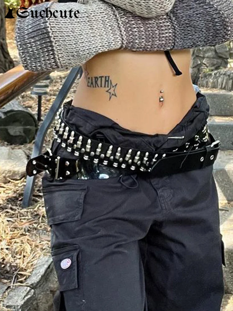SUCHCUTE Punk Style Rivet Patchwork Women Belts Y2K Streetwear PU Leather Jeans Dark Academia Ladies Kpop Retro Decorative Punk