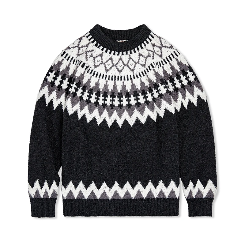 Maden Vintage Heavyweight Icelandic Sweater Round Neck Fair Isle Jacquard Knit Pullover 2023 Autumn Winter Men's Black Jumper
