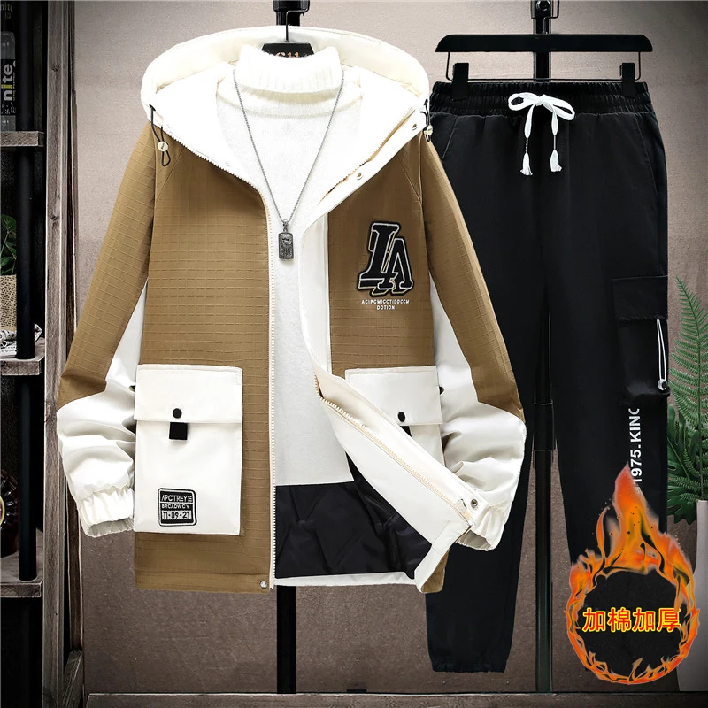2023 Autumn Winter Men Tracksuit Casual thicken Warm Sportswear Hooded Jackets Pants 2 Piece Sets