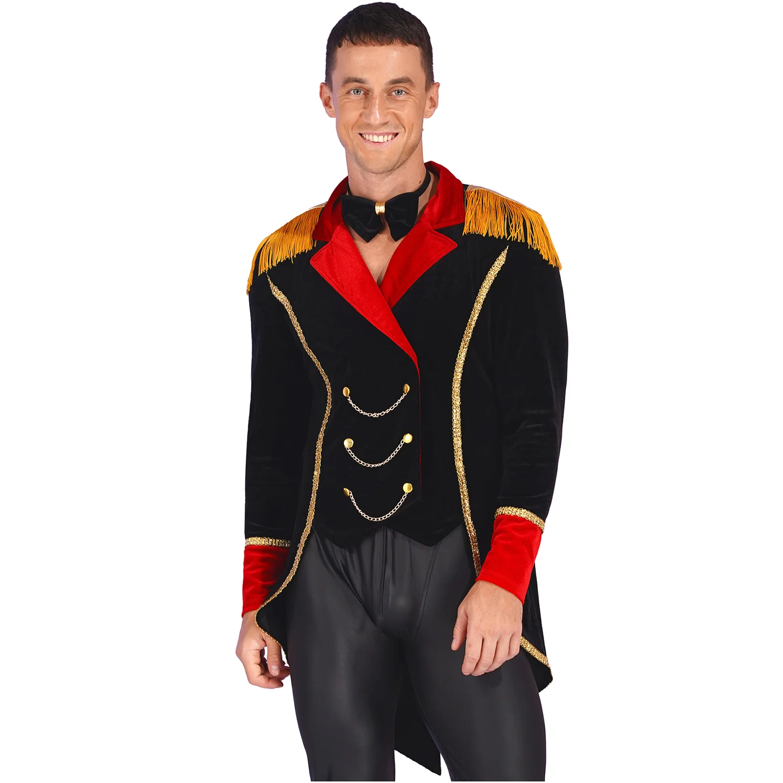 Mens Circus Cosplay 2025 Outfit Circus Ringmaster Costume Veet Jacket Metal Chains Long Sleeve Swallow-Tailed new Coat with Bow Tie