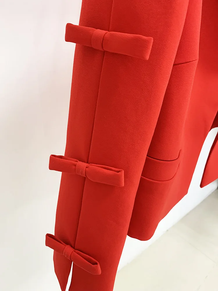 Red Short Cardigan Bow Jacket Coat 2024 Spring New Designer 2025 Hollow Bow Split Three Quarter new Sleeve Short Cardigan Jacket Women
