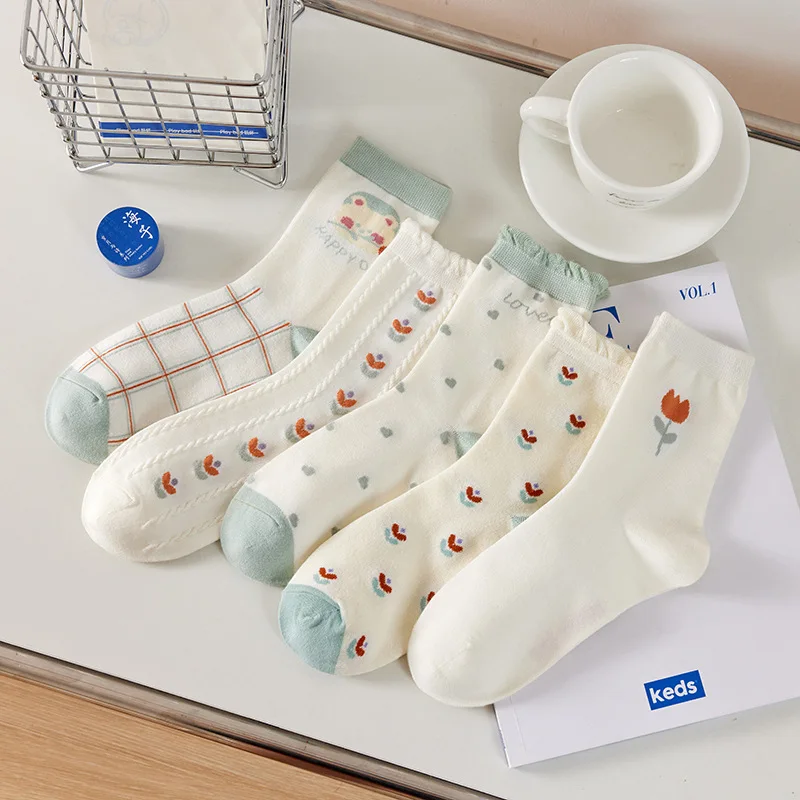 5 Pairs Kawaii Middle Tube Socks for Women Preppy Style Calcetines Four Seasons Girl Sweet Cute Socks Trendy Breathable Socks
