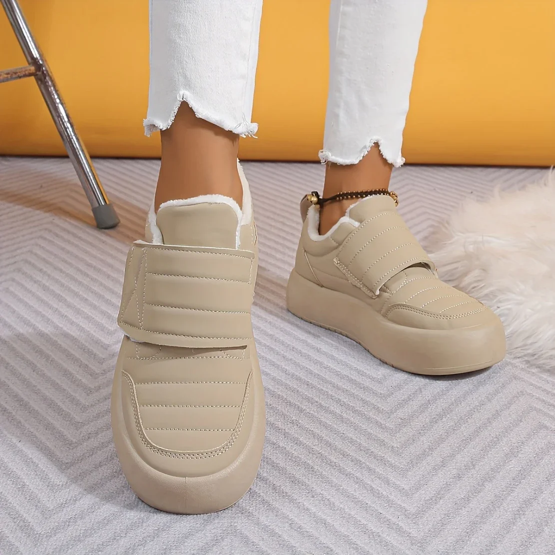 Women Solid Color Fuzzy Loafers Slip On Fleece Lining Platform Waterproof Warm Shoes Winter Plush Soft Sole Daily Shoes