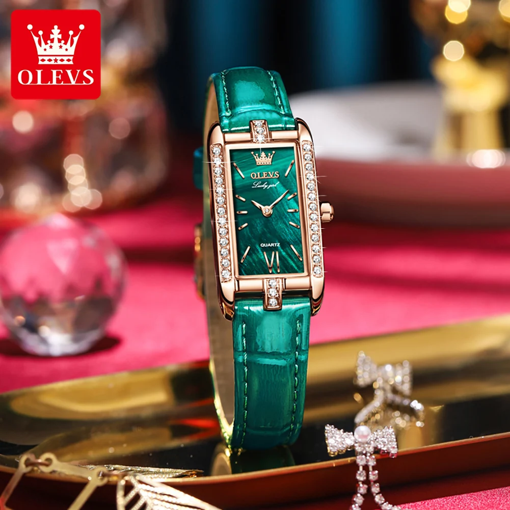 OLEVS Luxury Quartz Watch for Women New Diamond Square Waterproof Laidies Leather Wrist Watches Valentine's Day Gift for Female