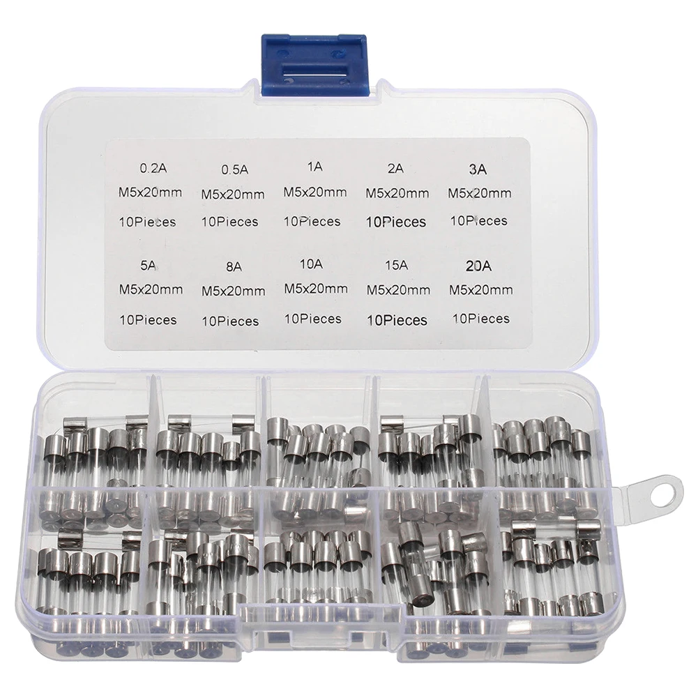 100Pcs Glass Tube Fuse Assorted Kit 5 * 20MM Fast Acting Glass Fuse Amp 0.2A-20A Glass Fuse Assortment Pack with Storage Box