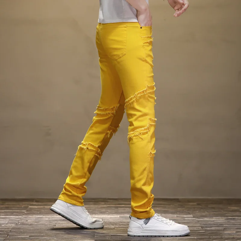 2023 Summer New Men's Stitching Ripped Jeans Yellow Casual Pants Slim Elastic Mid-Waist Small Foot Pants Street Wear