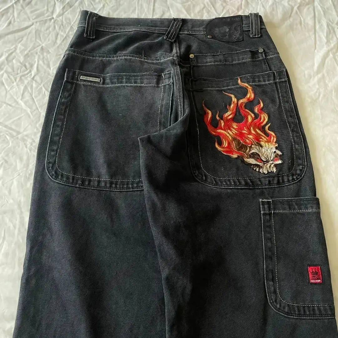 Streetwear JNCO Jeans Y2K Hip Hop Flame Skull Embroidery Retro Baggy Jeans Black Pants Punk Rock Gothic High Waist Wide Trousers