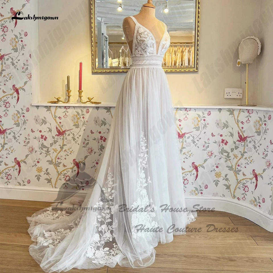 Lakshmigown Blush Pink Boho Wedding Dresses 2023 Vestidos new Civil 2025 Bridal Long Beach Wedding Gowns V Neck Spaghetti Straps