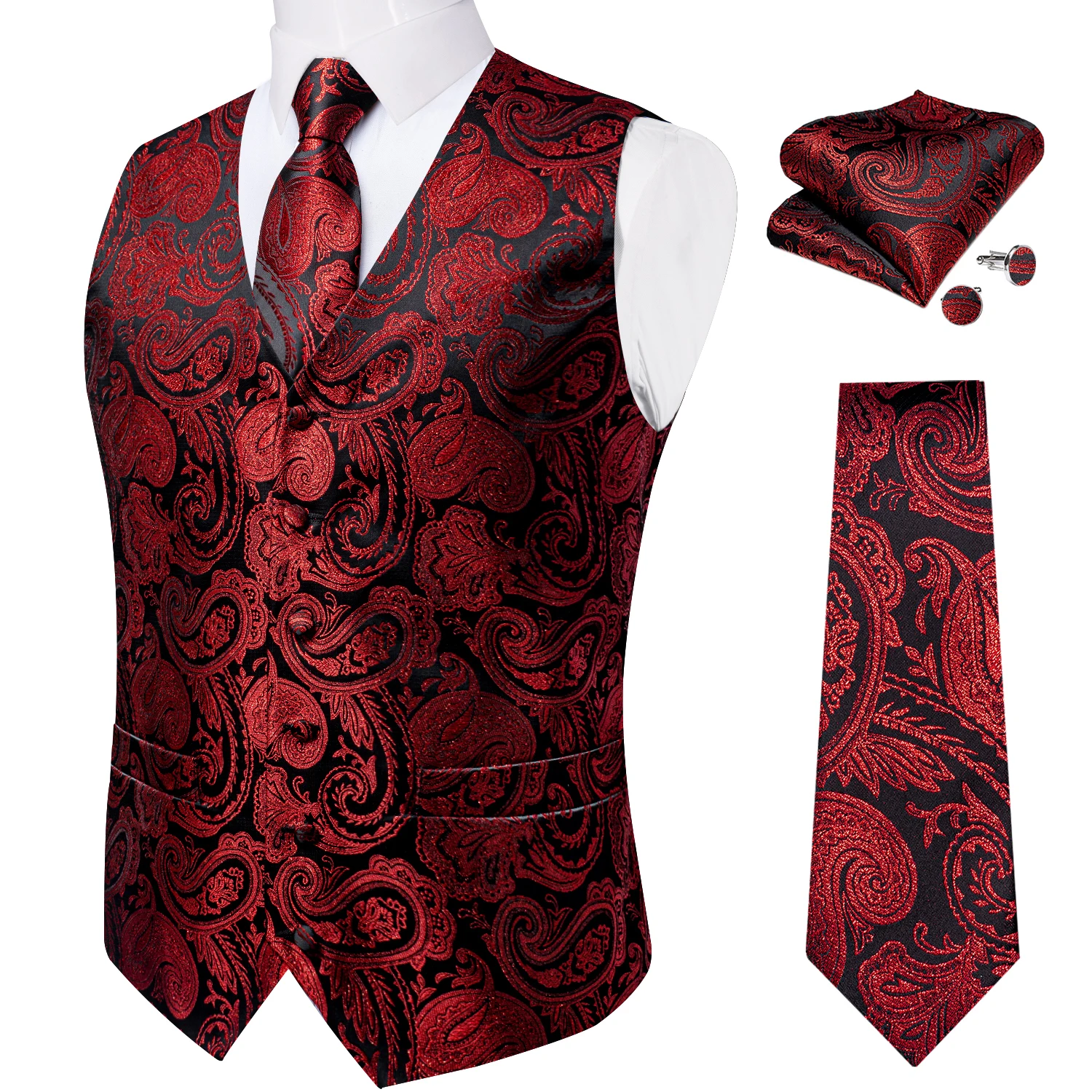 Red Silk Paisley Suit Vest for Men Wedding new Party Waistcoat Tie 2025 Handkerchief Cufflinks Tuxedo Male Blazer DiBanGu