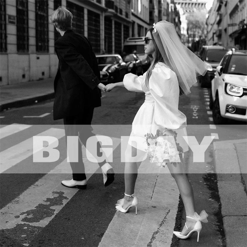 Elegant Short Wedding Dresses Women 2024 A-Line V-Neck Long Puff Sleeve Pleat Open Back Bridal Gown Above Knee Vestido De Noiva