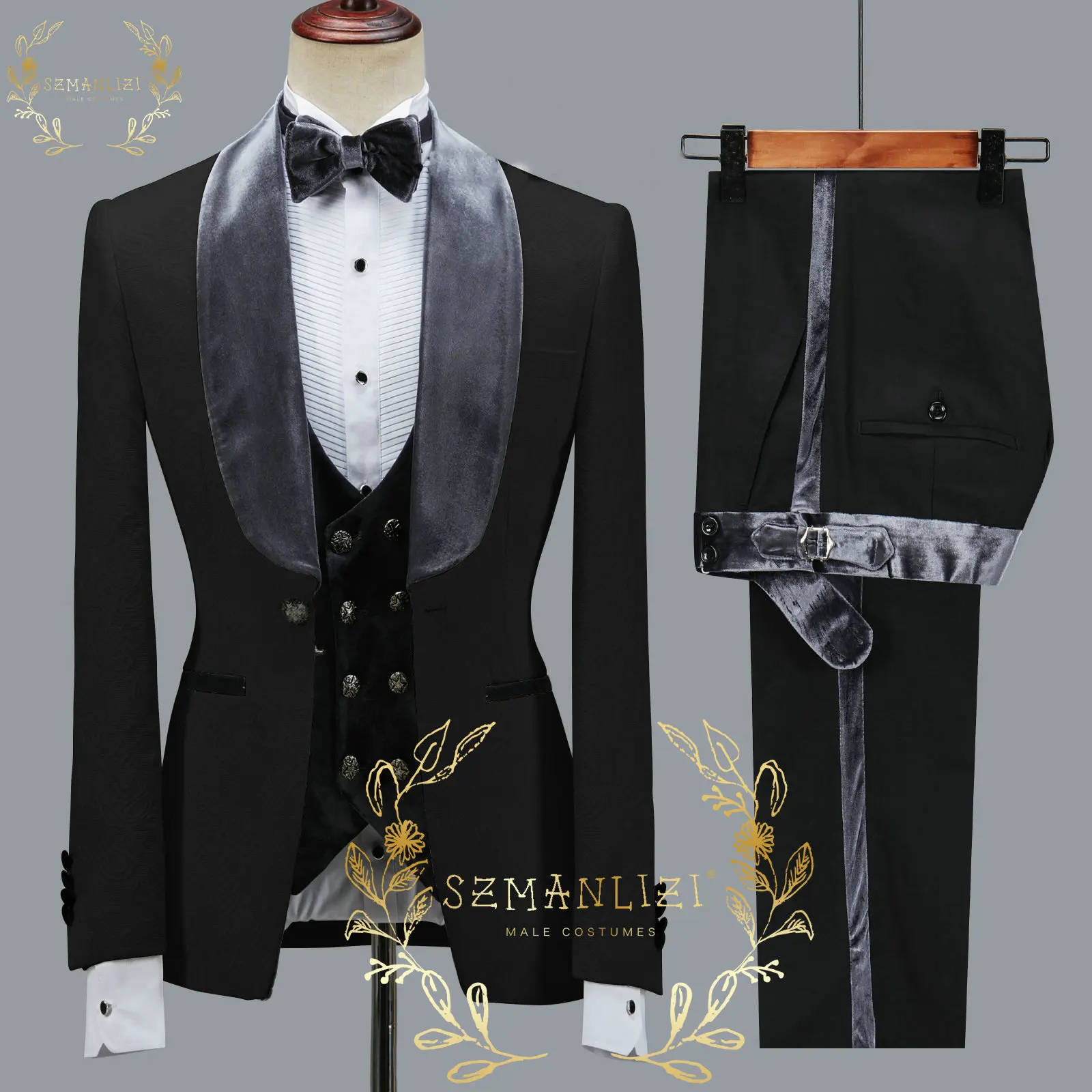 SZMANLIZI 2022 Latest new Designs Black Floral Party Blazer Men Suits 2025 Costume Homme Groom Tuxedos Wedding Terno Masculino 3 Pieces