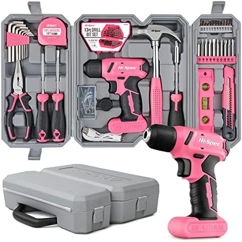 XMSJ toolbox for mechanics Hi-Spec 58pc Pink 8V USB Electric Drill Driver & Household Tool Kit Set