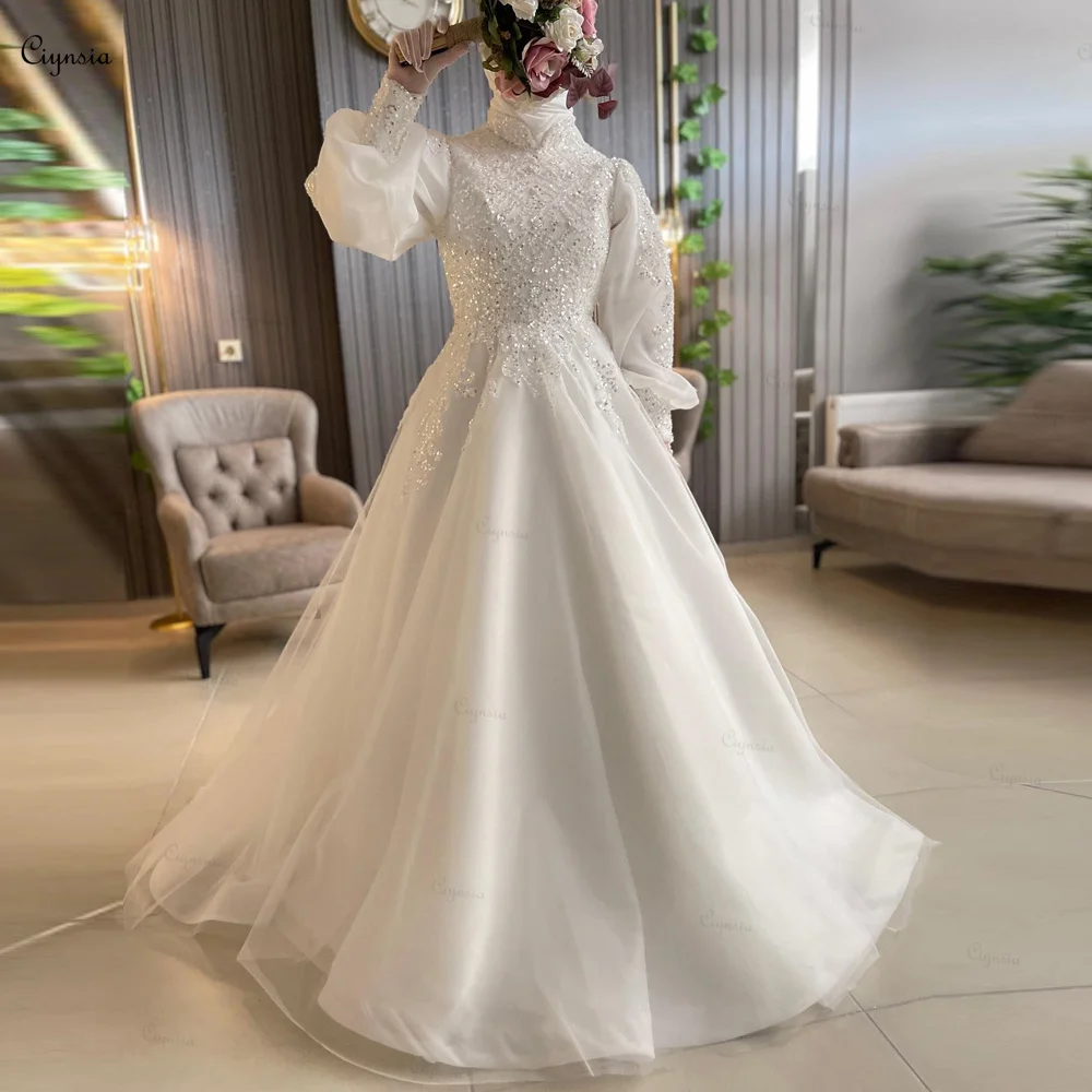 Ciynsia Full Sleeves Vestido De Noiva 2024 Muslim new Wedding Dresses For Women A Line Tulle Lace Beading Dubai Hijab 2025 Bridal Gowns