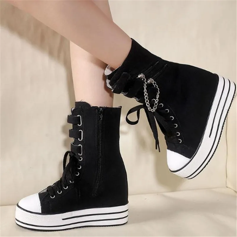 Brand New Chains High Heels Height Increasing Black Camouflage Gothic Style Skidproof Platform Casual Sneakers Shoes Boots Women