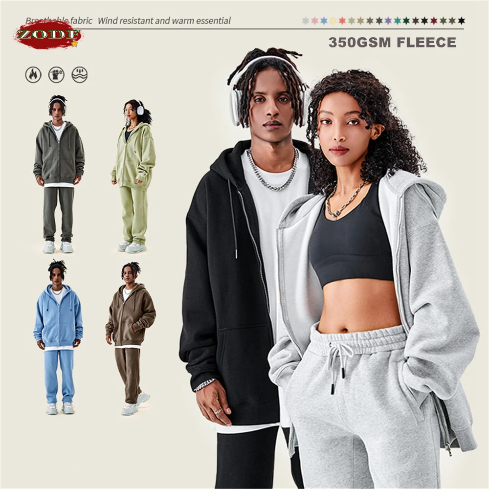 ZODF Basic Winter Men Fleece Zipper Hoodies Unisex Casual Loose gsm Warm Solid Hooded Sweatshirts Coats Colors HY