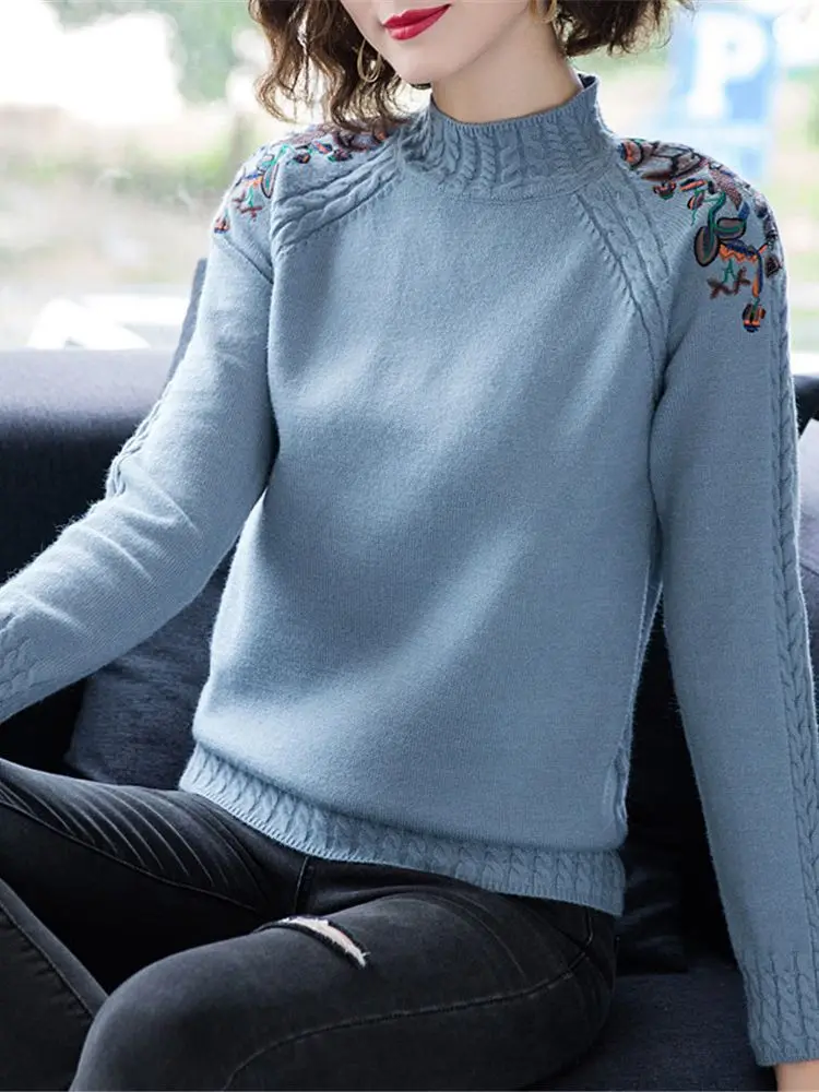 2023 Korean New Autumn Winter Women Slim Turtleneck Sweater High Quality Retro Embroidery Knitted Pullover Basic Sweater ZY7021