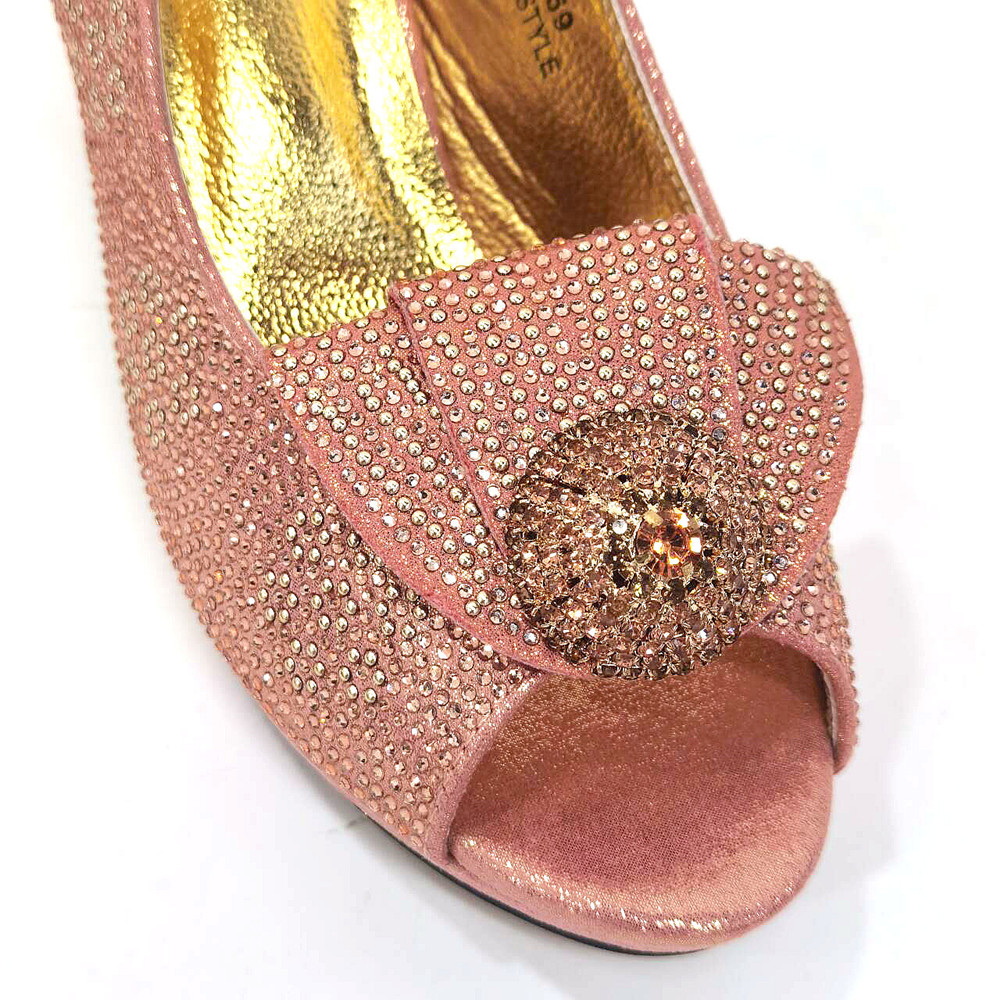 Venus Chan Latest Ladies Thin Heels Shoes and Bag Set Decorated with Rhies in Peach Color For Women Party Pump