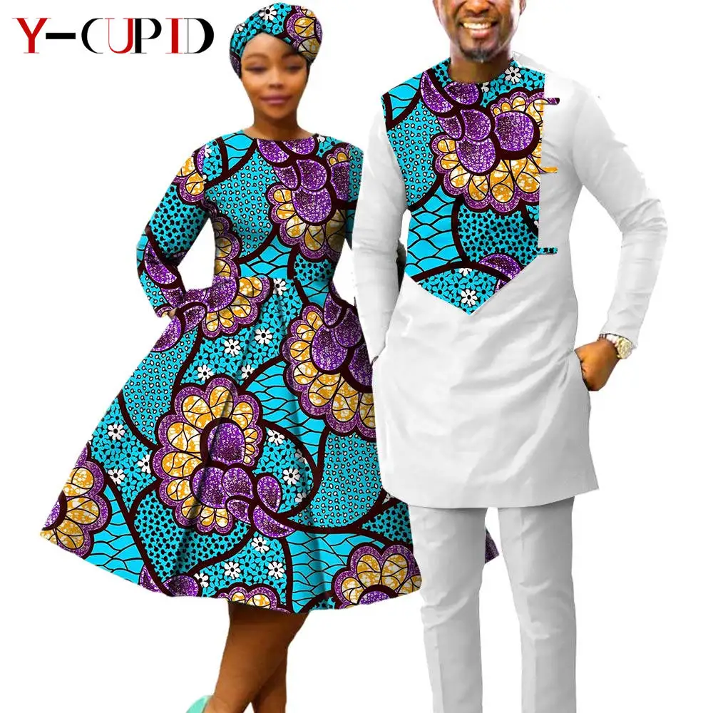 African Print Dresses for Women with Headwrap Matching Couple Outfits Dashiki Men Long Sleeve Pathwork Top and Pant Sets Y23C004