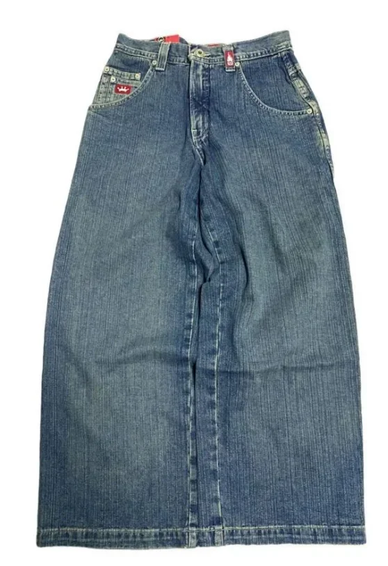 Y2K American Retro Pocket Embroidery Street Denim Wide-Leg Pants Harajuku Style Series Hip-Hop High-Waisted Straight Baggy Pant