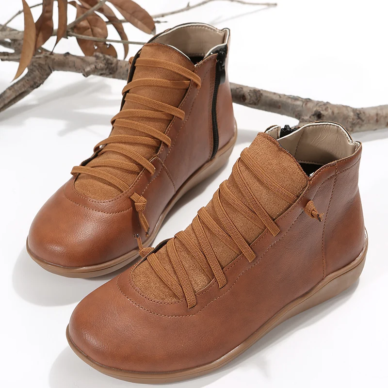 Women Boots Spring Autumn Retro Short Booties Ladies Soft Pu Leather Ankle Bootins Elastic Lace Up Casual Flat Shoes