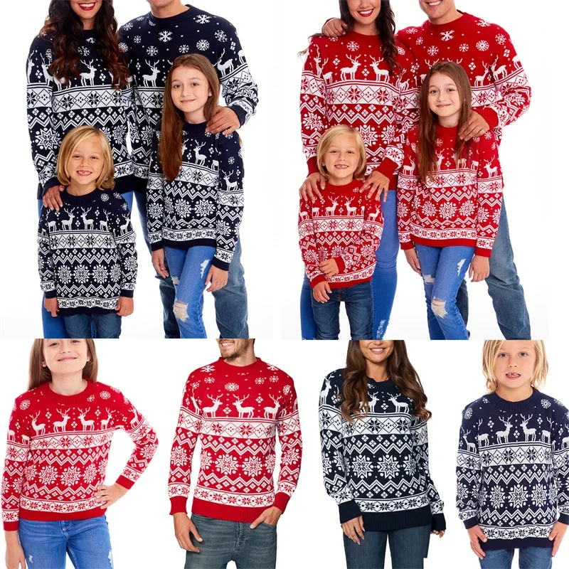 Family Christmas Sweater Winter Snowflake Print Warm Long Sleeve Round Neck Pullovers Knitted Tops Parent Child Outfit Tops