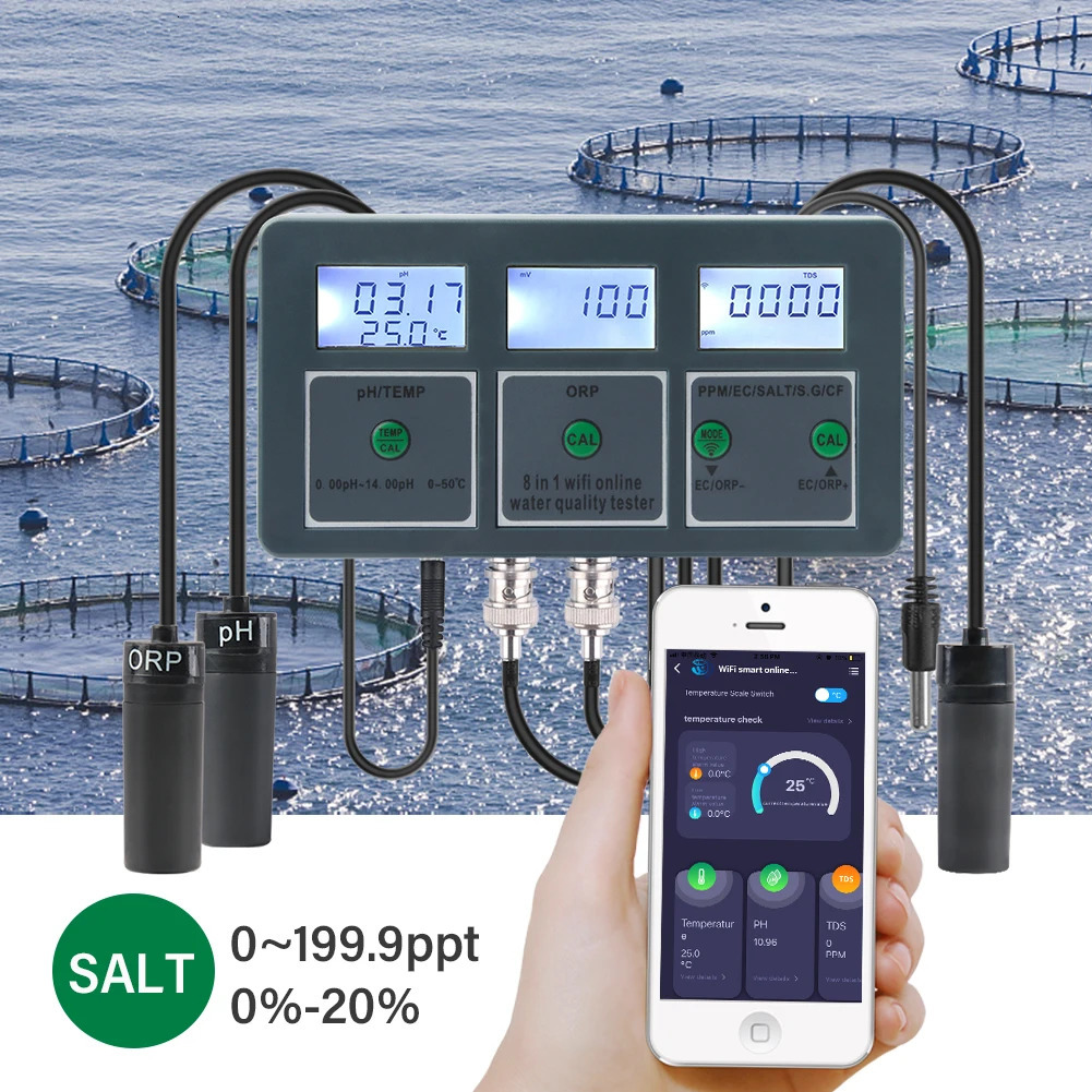 Yieryi WiFi Tuya Smart PH ORP TDS EC SALT S. G TEMP CF Monitor Meter Online Aquarium Water Quality Tester Data Logger Controller 240320