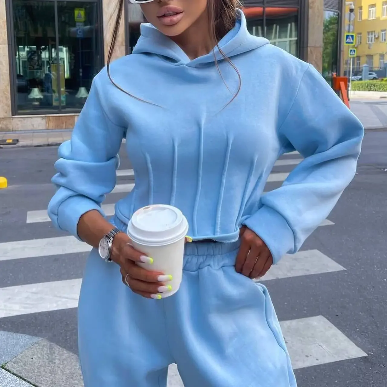 HOUZHOU Women s Tracksuit Fleece Hooded Two Piece Set Loose Hoodies Jogger Pants Sets Female Autumn Casual Lady Sportswear Suit