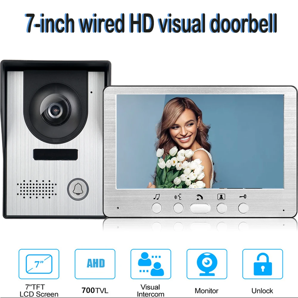 Visual Intercom Doorbell 7''Color Wired Video Door Phone System Indoor Monitor Outdoor IR Camera Rain Proof And Unlock