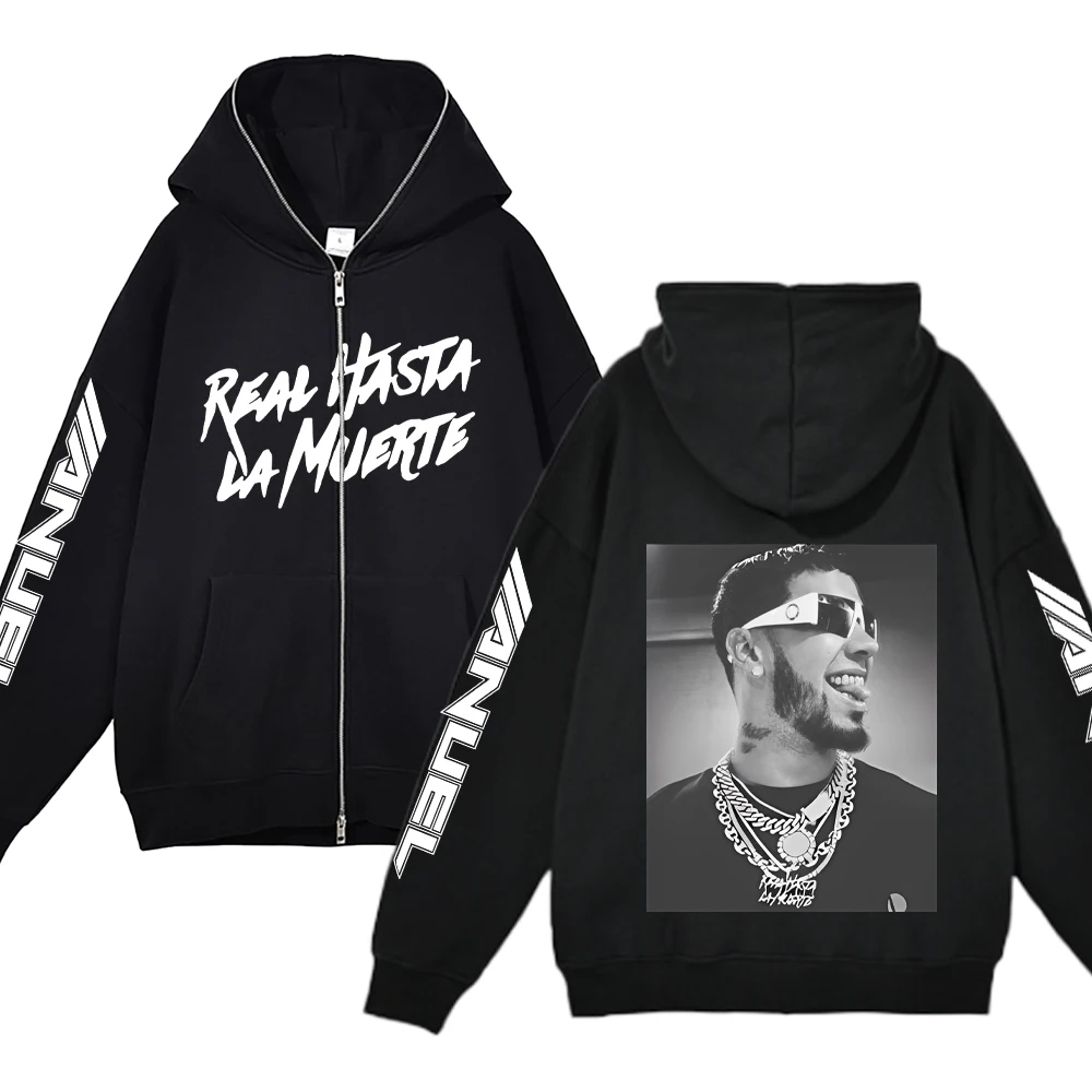 Hip Hop Streetwear Hoodie Anuel AA Real Hasta La Muerte Print Full Zipper Hoodies Punk Rapper Loose Sweatshirts Y2K Cardigan