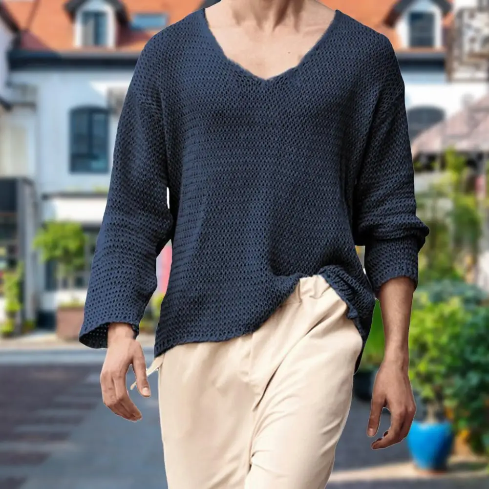 Neck V Men Sweater ddmysmile Easy To Match Breathable Elastic Comfortable Knit Long Sleeves Loose Pullover Fall Sweater Men Clothes Smile