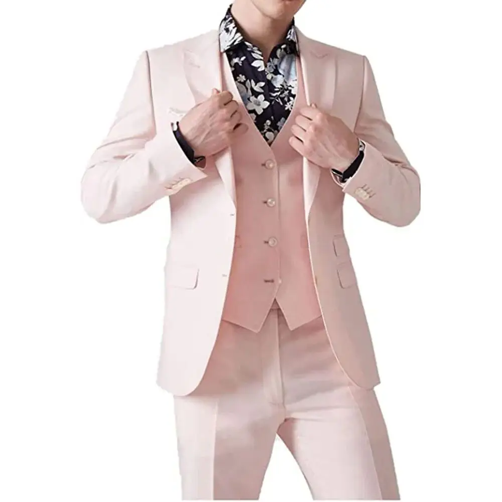 Pink Suits For Men Wedding Elegant Blazer Single Breasted Peaked Lapel Ropa Hombre 3 Pcs Jacket Pants Vest Slim Fit Tailor Made