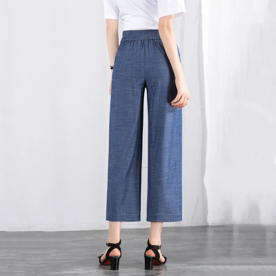 Blue Elastic High Waist Thin Baggy Jeans Women Wide Leg Trousers Ankle length Denim Pants Casual xl Pantalones Korean Vaqueros