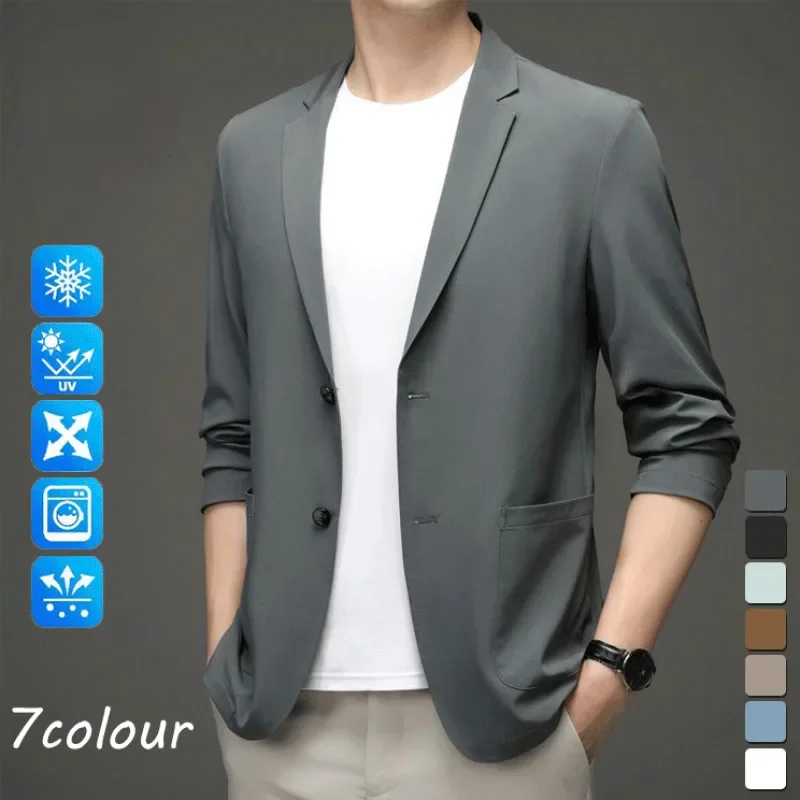 Casual Silky Men's Ice ddmysmile Suit Jacket M-4Xl Solid Color Lapel Long Sleeve Blazers Summer Spring 2024 Streetwear Leisure Thin Coats Smile
