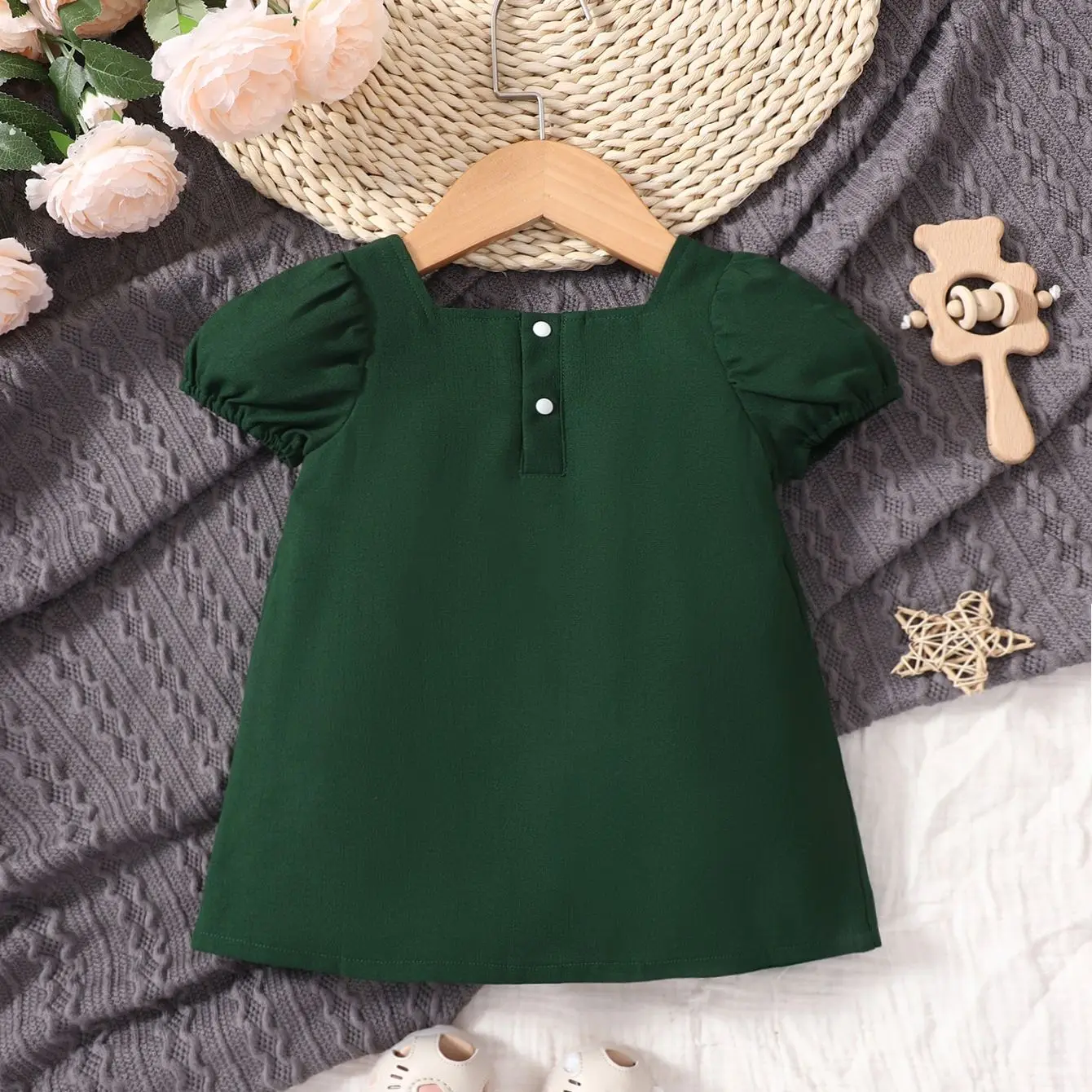 Newborn Clothing, Baby Dress, Dark Green Square Neck Bubble Sleeve Dress, Infant A-line Skirt 6M-3Y