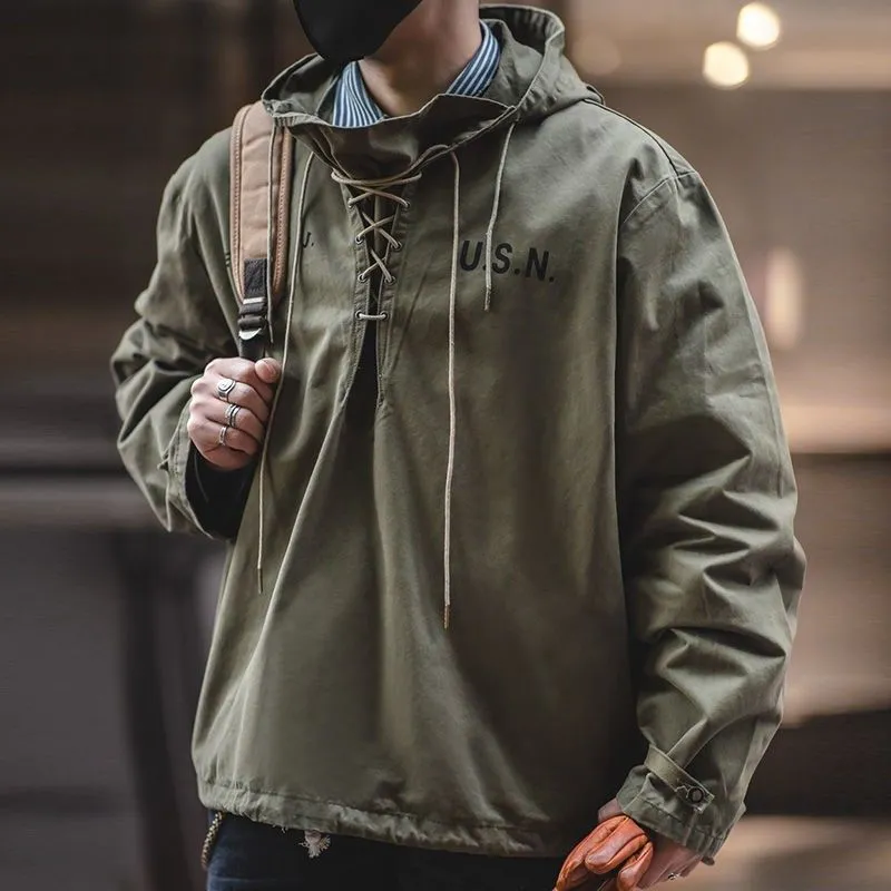 Spring Autumn Retro Cargo new Drawstring Workwear Army Pullover Hood 2025 New Hoddies Male Windbreaker War Coat Work Clothes