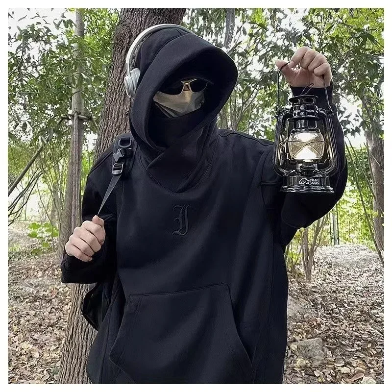 Solid Color High-end Simple Pullover Hoodie American Hip-hop Autumn and Winter Ninja Trend Functional Design High Street Jacket