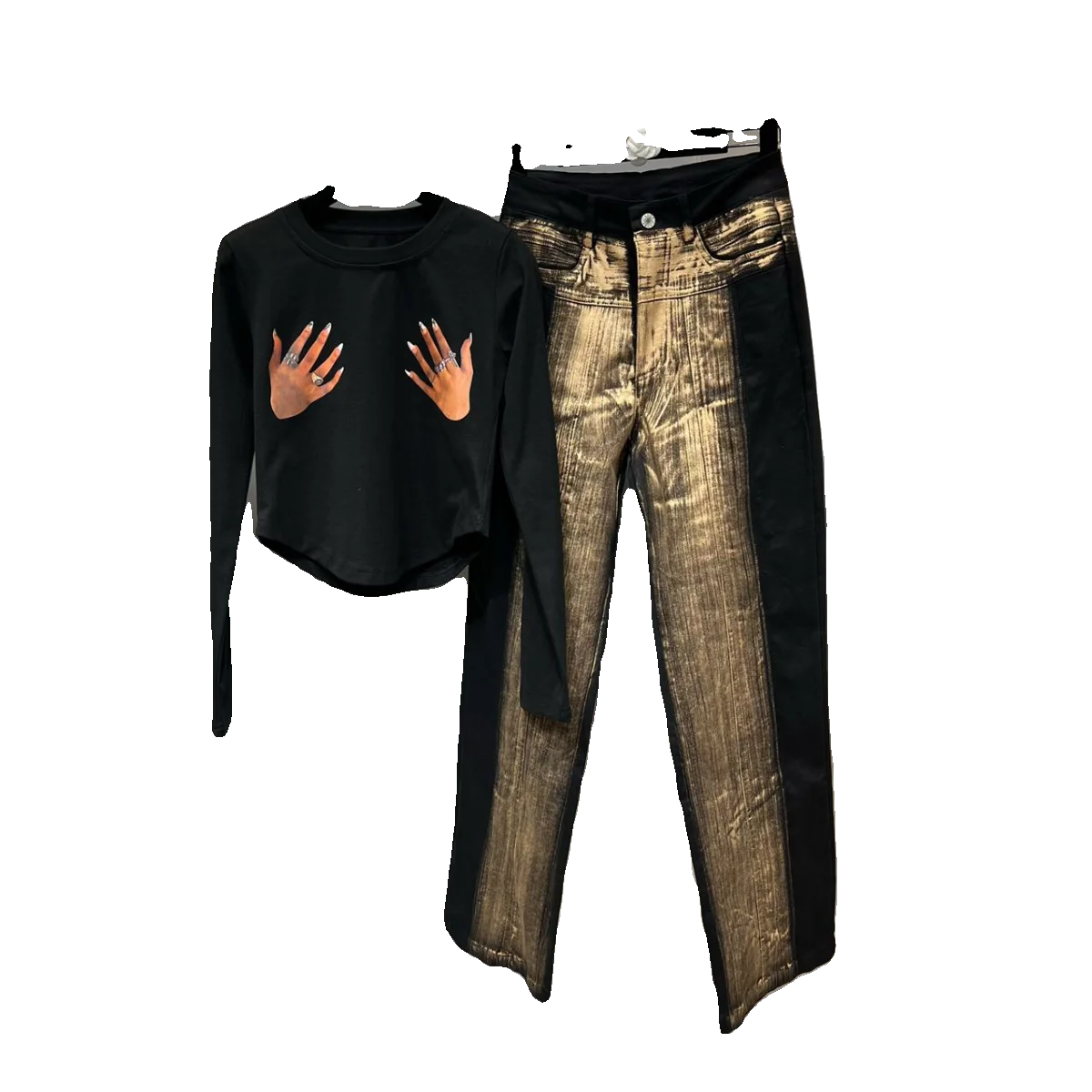 PREPOMP Spring Long Sleeve Floral Print T Shirt Bronzing Gradient Long Denim Pants Jeans Two Piece Set Women Tracksuits GP098