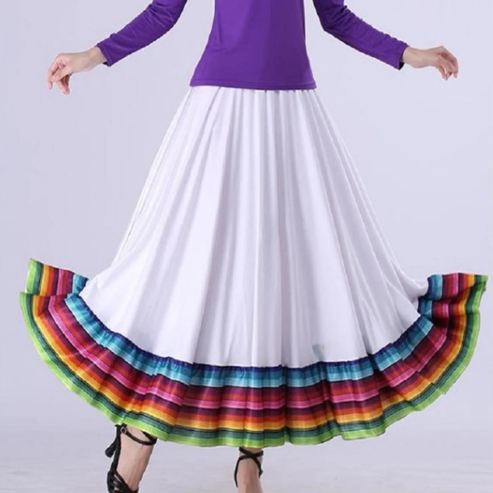 Womens Folklorico Dance Skirts Spanish Folkloric Mexican Flamenco Full Circle Performance Costume Colorful Stripe Hem Skirt