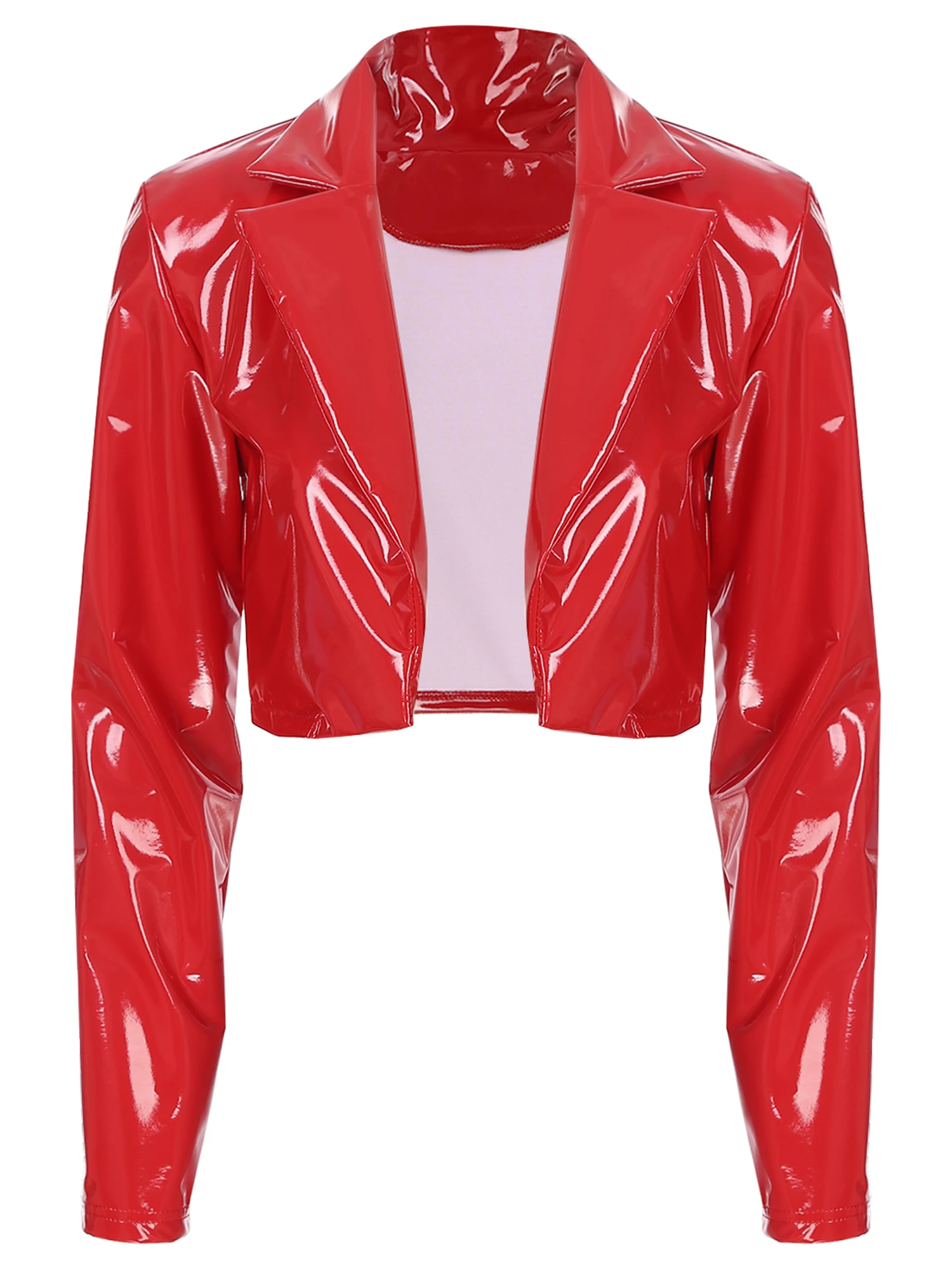 Womens Wet Look Patent Leather Jacket Top Lapel Long Sleeve Punk Latex Cropped Coat for Party Club Music Festival Streetwear