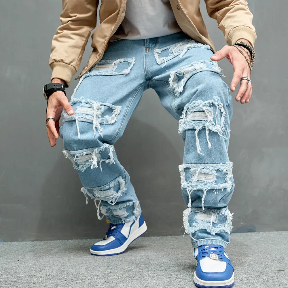 Autumn Stylish Men Ripped Patch Spliced Hip Hop 2025 new Jeans Streetwear Loose Male Straight Denim Pants Trousers