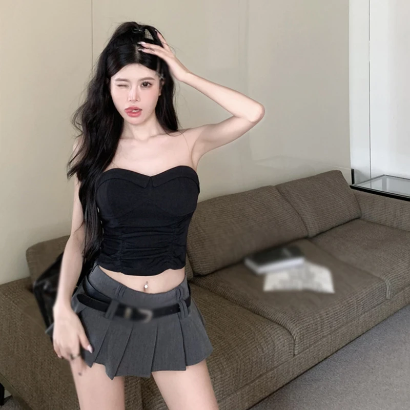 Vintage Gothic Black Mini Cargo Skirt Women Y2k Streetwear Korean Style Low Waist Pleated Skirt With Belt Sexy Micro Skirt Mujer