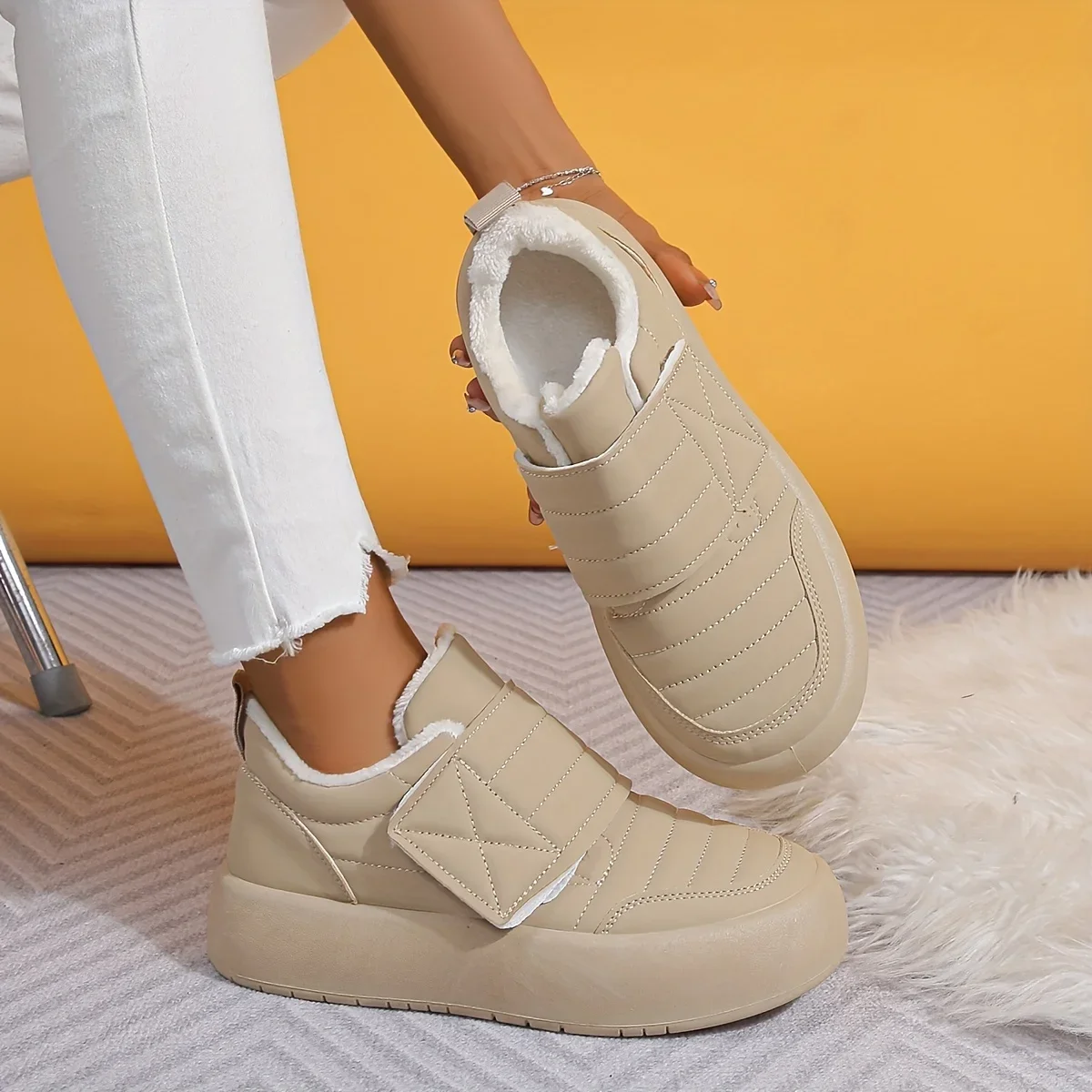 Women Solid Color Fuzzy Loafers Slip On Fleece Lining Platform Waterproof Warm Shoes Winter Plush Soft Sole Daily Shoes