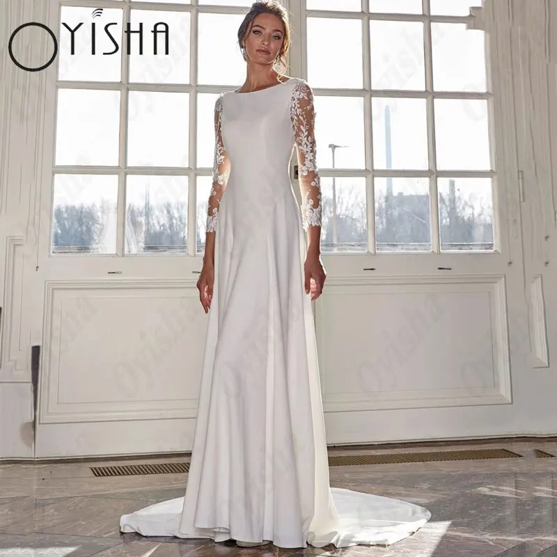 OYISHA Scoop A-Line Wedding Dresses Elegant Long Sleeves Satin Appliques Bridal Gowns Exquisite Lace Classic Vestido De Mariages