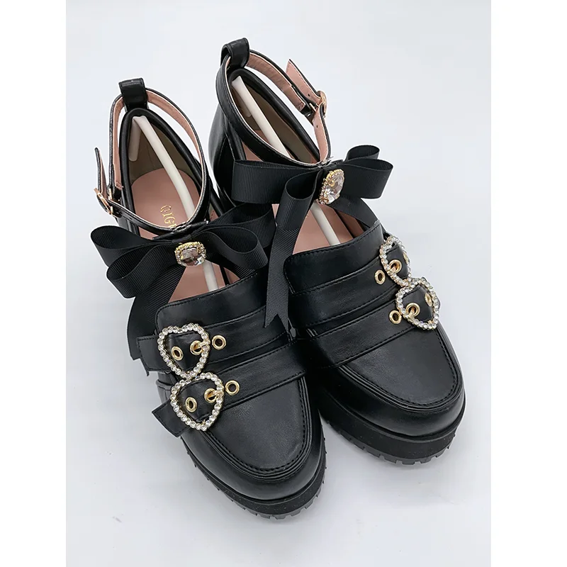 Japanese Spring and Autumn Heart Rhinestone Buckle Round Head Chunky Heel Women's High Heel Patent Leather Pump Shoes
