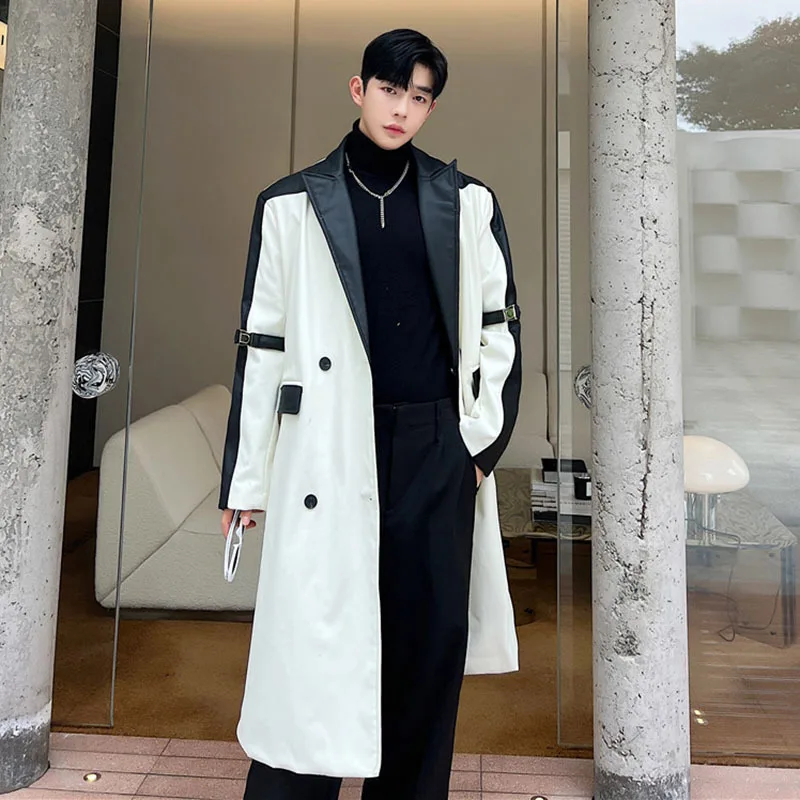 IEFB Korean Style Long Windbreaker Men's Autumn Winter Trend Niche Design Black White Contrast Color Leather Trench Coat 9C3158