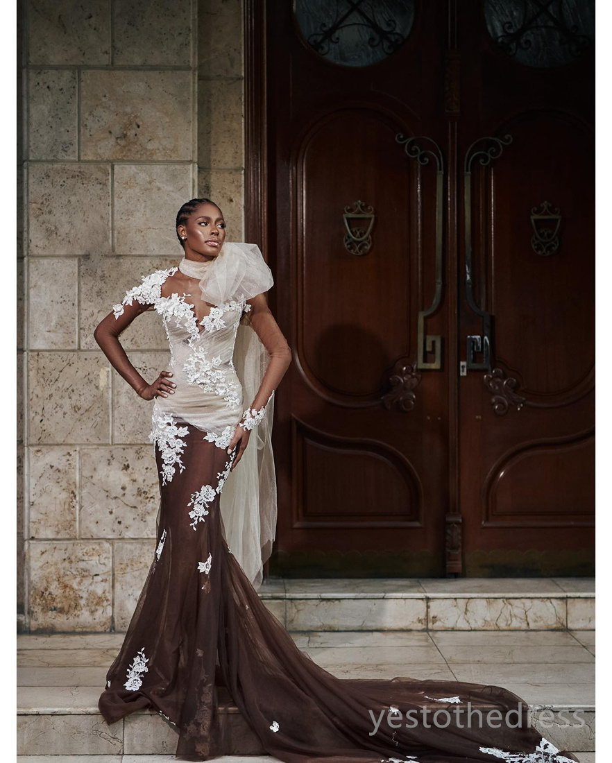 R&W 2024 Mermaid Dresses Bridal Plus Size High Neck Appliqued Beaded Lace Wedding Gowns for African Black Women Special Ocns D219
